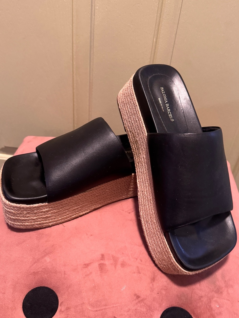 Paloma Barceló Black Leather Platform Espadrille Slides